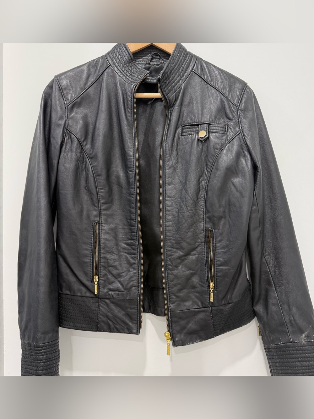 Arden B Genuine  Lamb Leather Moto Jacket Black Y2K 90s Gold Zipper Biker Sz XS